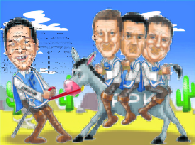 Die drei blauen „Kämpfer für die Interessen der Kärntner“ sind in Ausschüssen bloß „Gäste ohne Stimmrecht“ – das kritisieren Abgeordnete anderer Klubs im Parlament | Foto: Karikatur: Berger