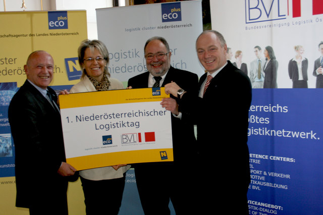 1. NÖ Logistiktag: KommR Hubert Mierka, LR Petra Bohuslav, BVL-Präsident Christian Scaret und ecoplus GF . Helmut Miernicki.