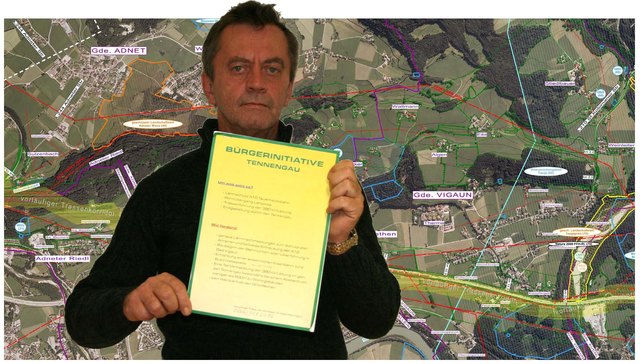 Der Bad Vigauner Franz Kimpflinger kämpft mit seiner Bürgerinitiative „T ennengau“ u. a. gegen die 380 kV-und die Erdgasleitung (Teile der Projekttrasse im Bild).