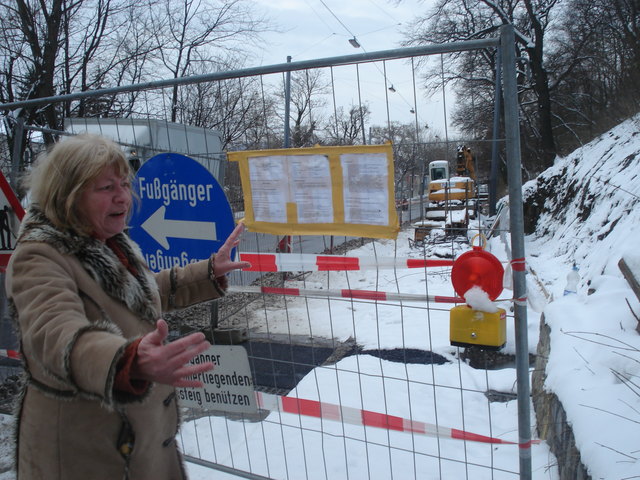 FPÖ-Bezirksräting Elfriede Blind erklärt die Situation an der Linzer Straße unterhalb der Linienkapelle