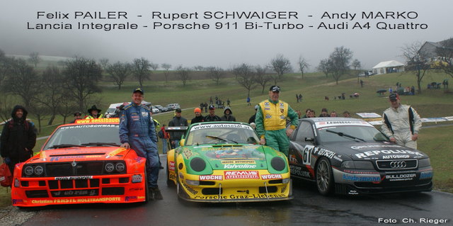 3 Toppiloten der bisherigen Saison von links nach rechts Felix PAILER  Lancia Integrale, Rupert SCHWAIGER Porsche 911 Bi – Turbo und Andy MARKO  STW Audi A4 Quattro | Foto: Ch. Rieger