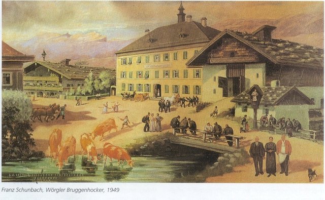 Ein Gemälde  (1949) von Franz Schunbach im Gasthof „Lamm“: „ Wörgler Bruggenhocker“. | Foto: Ascher