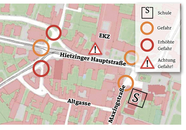 Gefahren und sichere Routen sind in den Plänen – wie hier von der Volksschule Am Platz – eingezeichnet.