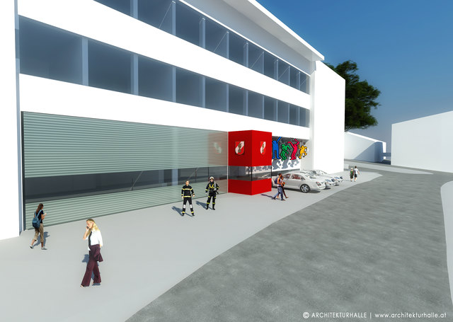 Vor-Entwurf: So könnte das Gemeindehaus mit der neuen Feuerwehrreinrichhtung von der Straßenseite aus aussehen.