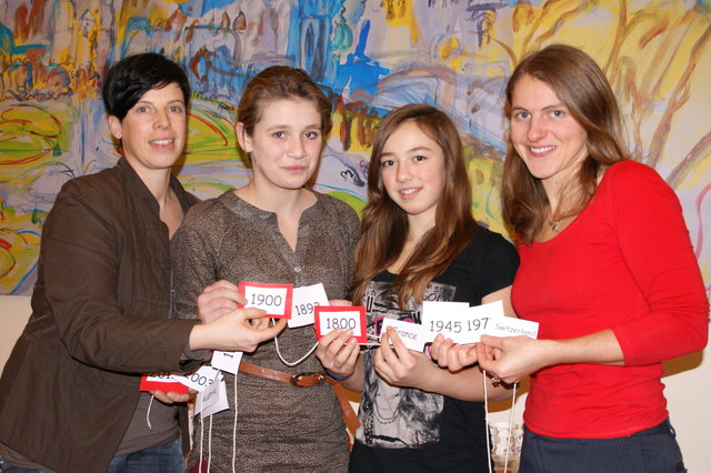 Englisch-Workshop: Alexandra Schmidt vom Frauenbüro und Workshop-Leiterin Jessica White mit Julia und Susanna