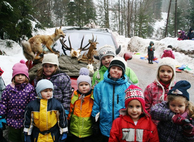 Eine Gruppe vor d. Präparaten v. Fuchs und Rehkitz sowie einem Hirschgeweih.