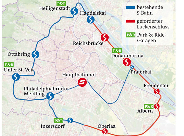 Der Ausbau der rot markierten Gleise für die Schnellbahn schließt den Ring. Strecke: 47 km und 25 Stationen in 75 Minuten. | Foto: © wien.at/Knoll