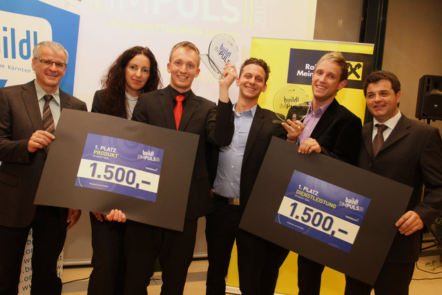 (v.l.n.r.) Schirmherr 2012 Egon Putzi, build! Geschäftsführerin Mag. Karin Ibovnik, der Gewinner der Kategorie Produkt Christian Robin, die Gewinner der Kategorie Dienstleistung Ernst Molden und Christofer Huber, Klaus Kogler von der Raiffeisen Landesbank Kärnten