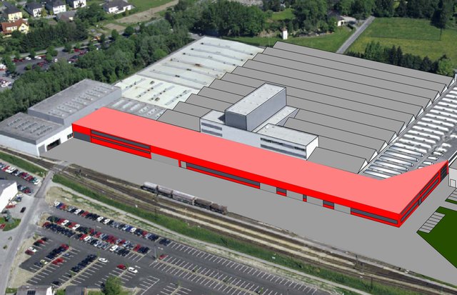 Der Anbau (rot gekennzeichnet) vergrößert Logistik, Lager und Montage und sorgt für angenehmeres Arbeiten. | Foto: ENGEL AUSTRIA
