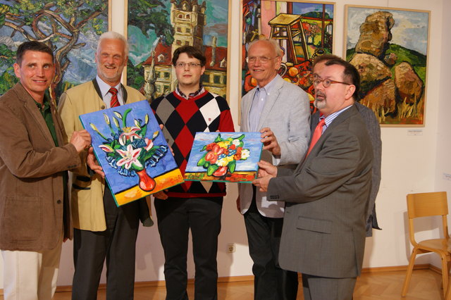 Vzbgm. Günther Kröpfl, Zwettler BH Dr. Michael Widermann, Künstler Mag. Matthias Laurenz Gräff, NR Dr. Günther Stummvoll, (verdeckt) Bgm. Johann Müllner und Museumsleiter Univ. Doz. Dr. Friedrich Polleroß.