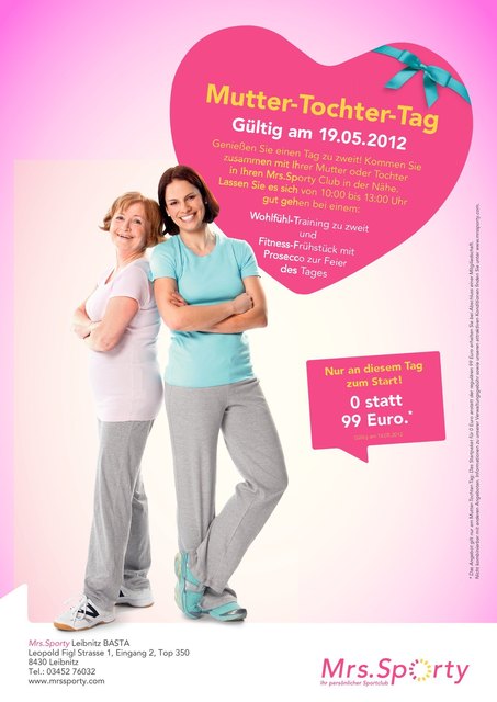 Noch kein Muttertagsgeschenk! schenke deiner Mama einen gemeinsamen Mrs. Sporty Besuch! Anmeldung erbeten, 03452 76032