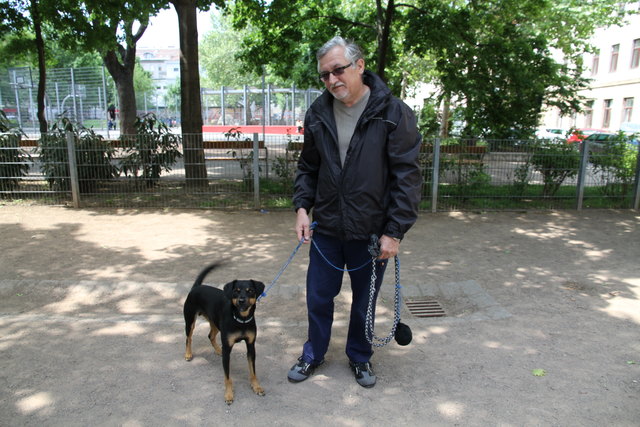 Gassi gehen: Nikola Ribar führt „Blacky“, den Hund seiner Tochter, im Einsiedlerpark spazieren.