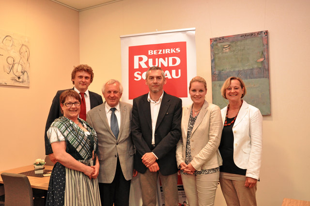 Diskutierten im Gasthaus Leibetseder in Rohrbach unter Moderation von Christoph Weiermair (l. hinten): Ulrike Wall (Landtagsabgeordnete FPÖ), Franz Hiesl (LH-Stellvertreter, Familienreferent ÖVP), Andreas Hannerer (SPÖ-Stadtrat), Patricia Alber (Landtagsabgeordnete ÖVP, Bezirksobfrau der Jungen ÖVP) und Roswitha Öhler (Familiennetzwerk Mühltal).