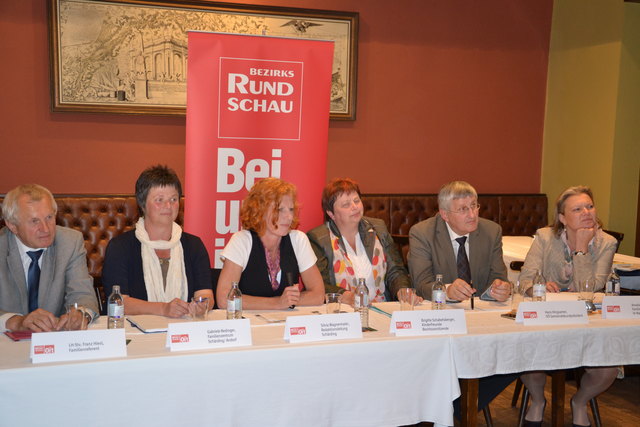 Diskutierten im Kapsreiter Bräustüberl mit rund 70 Interessierten: Landes-Familienreferent Franz Hiesl, Gabriele Redinger (Familienzentrum Schärding), Silvia Wagnermaier (BezirksRundschau Schärding), Brigitte Schabetsberger (Kinderfreunde Bezirksvorsitzende), OÖ. Gemeindebundpräsident Johann Hingsamer und FPÖ Familiensprecherin im Nationalrat Anneliese Kitzmüller (v. l.).