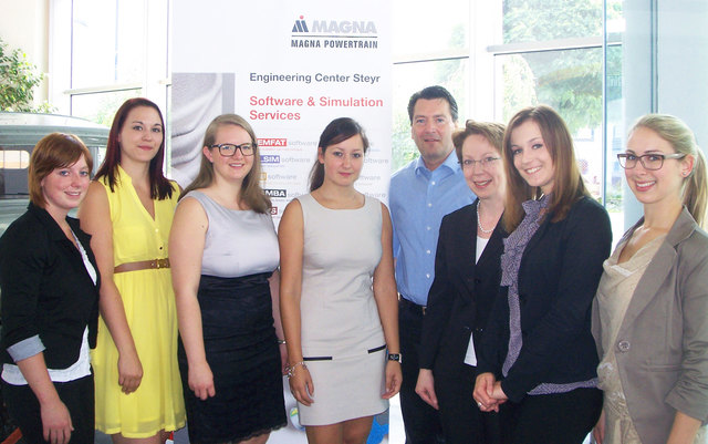 Das GSM-Projektteam mit ECS-Auftraggeber (v.l.n.r.): Daniela Groißmayr, Korinna Aschauer, Magdalena Farbowski, Sarah Grüneis, Harald Riener (ECS), Margarethe Überwimmer (FH), Angela Baumberger und Victoria Atzlinger. | Foto: FH OÖ