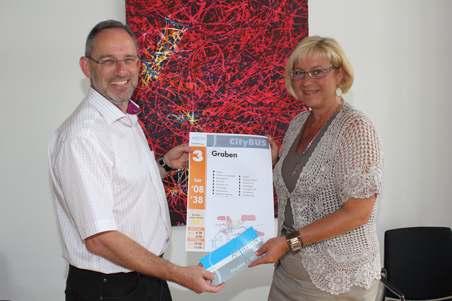 Baudirektor Manfred Heigl und Bgm. Ursula Puchebner präsentieren den neuen Fahrplan.