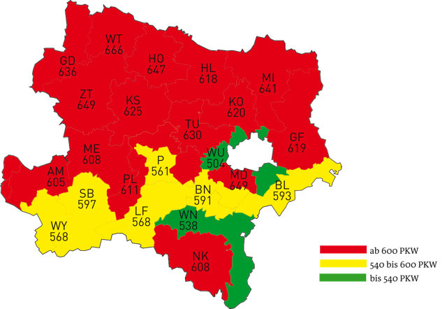 Pkw-Dichte in Niederösterreich: rot bedeutet hoch, gelb und grün niedrig.