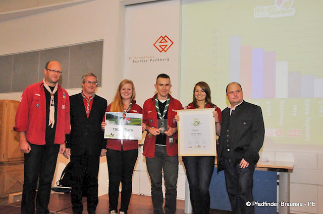 Andreas Hofinger (Landesleiter OÖ Pfadfinder), Rudolf Möstl (Präsident OÖ Pfadfinder), Katharina Schindlmaier (RARO Braunau), Dominik Sperl und Eva Usleber. | Foto: privat