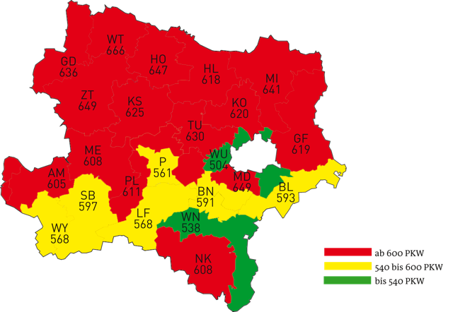 Die VCÖ-Studie zeigt: Im gesamten Norden Niederösterreichs ist die Pkw-Dichte sehr hoch.