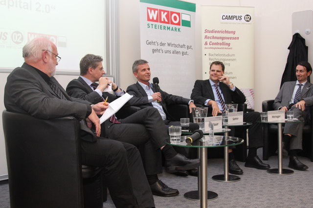 Podiumsdiskussion mit Univ.-Prof. Dr. Heinz D. Kurz (KF-Uni Graz), Mag. Stefan Bruckbauer (Bank Austria), Dr. Friedrich Santner (Anton Paar GmbH), Prof.(FH) Mag. Peter Meiregger, StB (FH CAMPUS 02). Moderation: Mag. Ewald Verhounig (WKO Steiermark)