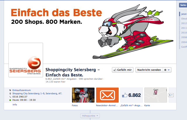 Die Shoppingcity Seiersberg setzt häufig auf Bilder, wie z. B. auf Hopsi, das Maskottchen der Ski-WM.