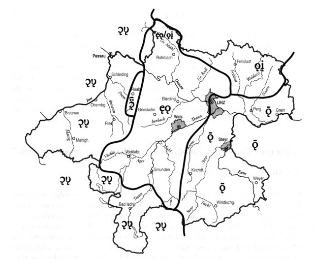 In Oberösterreich gibt es viele Dialekte und kleinräumige Dialektgebiete, die allmählich verschwinden. Wir sprechen „bairisch“. In Rohrbach wird rot als roit oder reod gesprochen. | Foto: Abbildung: Sprachatlas OÖ/Gaisbauer