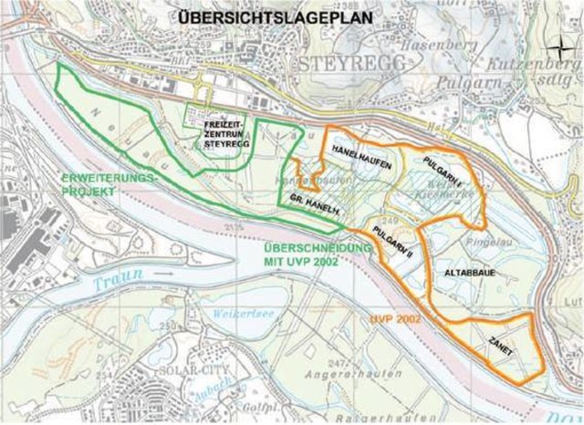 In grün ist das Gebiet des Erweiterungsprojektes gekennzeichnet. Der Abbau wird ca. 45 bis 55 Jahre dauern.