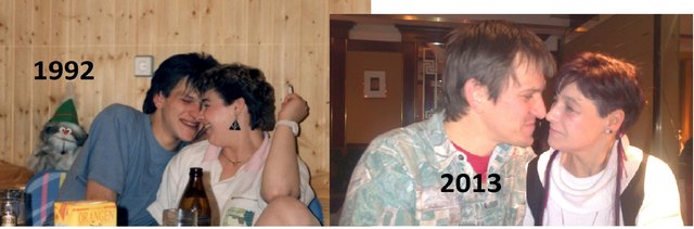 Zwischen den zwei Bildern liegen 21 glückliche Jahre sowie drei Kinder und wir sind noch immer so verliebt wie am ersten Tag. Sieht man doch !