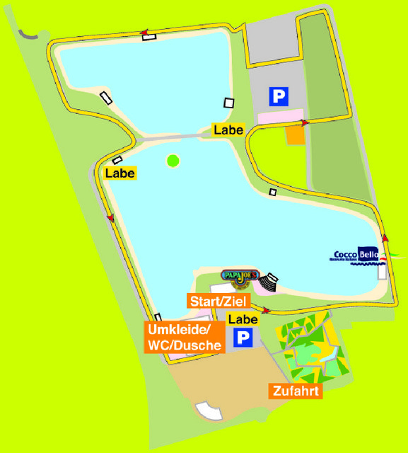 Hier der Streckenplan des WOCHE-Businessmarathons inklusive Start und Ziel, Umkleiden und Sanitäranlagen, sowie Zufahrt.