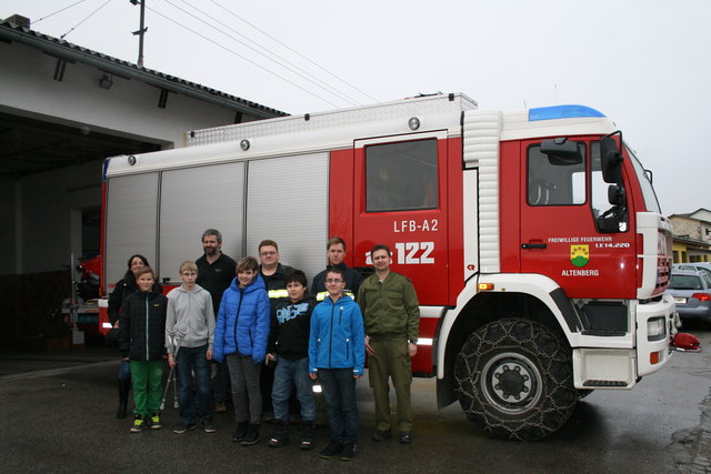 Die Firmlinge mit Begleitern und Feuerwehrlern in der Kommandozentrale.