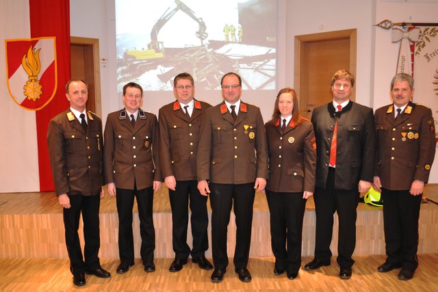 Das neue Kommando -
v.l.n.r.: Bezirksfeuerwehrkommandant-Stellvertreter Albert Bichler, Kassier Bernd Jäger, Kommandant-Stellvertreter Bernhard Steiner, Kommandant Daniel Jäger, Schriftführerin Belinda Jäger, Bürgermeister Friedrich Steiner und Abschnittskommandant Siegfried Geisler;