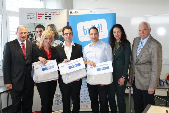 Foto (v.l.n.r.): Gemeinderat Ing. Karl Woschitz (Stadt Villach) Katharina Miegl, Udo Hafner, Stephan Thaler, Mag. Karin Ibovnik (GF build!), Univ. Prof. Dr. Erich Leitner (Hochschulleitung Fachhochschule Kärnten); Honorfrei verwendbar bei Quellenangabe: build! Gründerzentrum