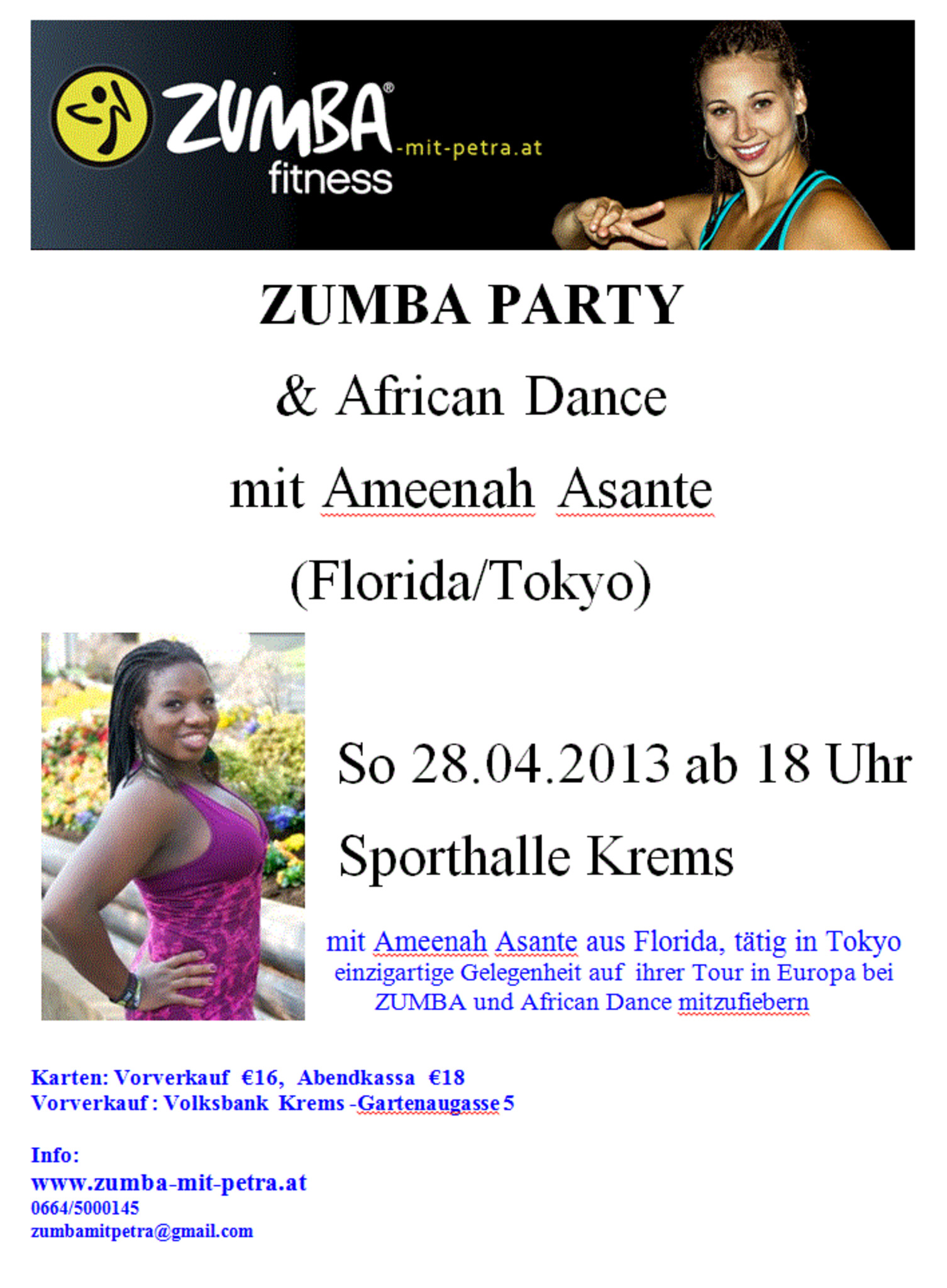 ZUMBA PARTY und AFRICAN DANCE mit AMEENAH ASANTE (Florida/Tokyo) Krems