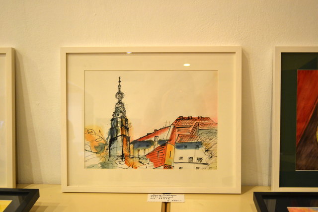 Interessante aquarellierte Grafik mit Braunauer Kirchturm.