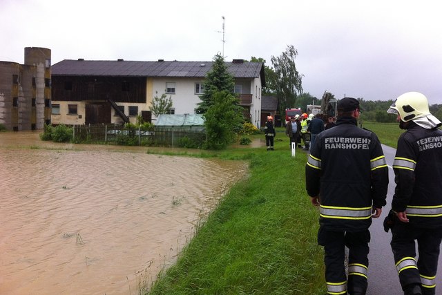 ist derzeit die Freiwillige Feuerwehr im Bezirk Braunau wegen anhaltender Regenfälle. Die Abbildung zeigt einen Einsatz in Oberrothenbuch/Ranshofen, wo ein Bagger einen Erdwall errichtete, um das Gebäude vor den Wassermassen zu schützen.