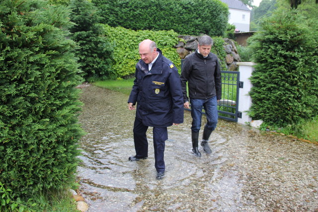 Landeshauptmann Erwin Pröll und ÖVP-Chef Michael Spinedelegger machen Bekanntschaft mit der Flut in Wallsee. | Foto: Christine Haber