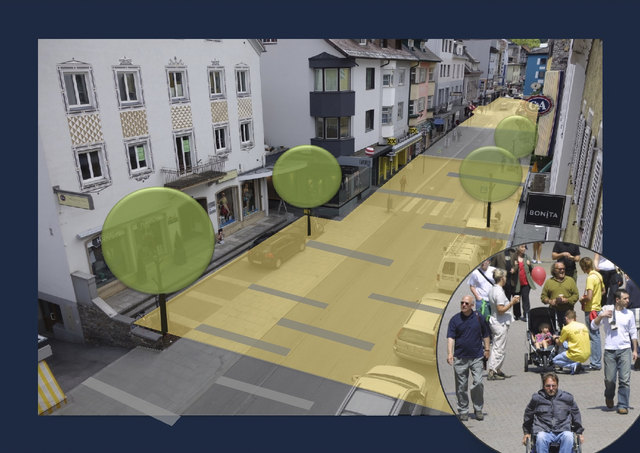 Begegnungszone: Fahrbahn soll auf Gehsteigniveau angehoben werden. | Foto: Andreas Pfenniger