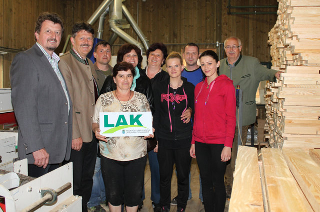 Die Funktionäre der NÖ Landarbeiterkammer (im Bild 2.v.l. Präsident Ing. Andreas Freistetter, 4.v.l. Vizepräsidentin Josefa Czezatke, li. Geschäftsstellenleiter Josef Seidl) statteten dem Sägewerk im Stift Heiligenkreuz einen Besuch ab und wurden von Forstdirektor DI Manfred Ertl (re. mit mehreren seiner Mitarbeiter) durch den Betrieb geführt. | Foto: zVg