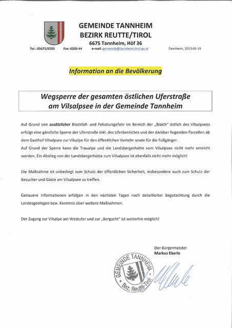 Die Gemeinde Tannheim hat offiziell über die Situation informiert.