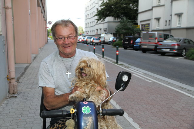 Anrainer Klaus Ruttenstock mit Hündin Sheila: "In der Lechnerstraße rasen manche Autofahrer auch am Gehsteig!" | Foto: Klinger