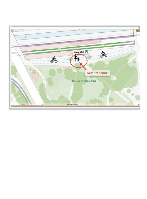 Beim Bruno-Kreisky-Park kommt es immer wieder zu gefährlichen Situationen zwischen Pedalrittern und Fußgängern.