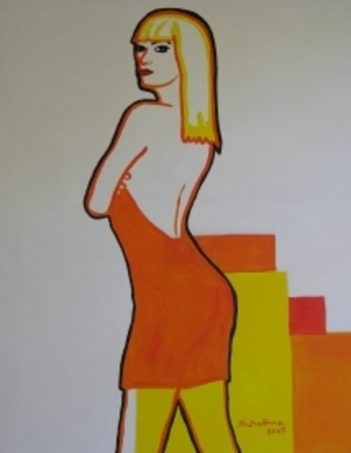 Martina Schettina: Oranges Kleid 2, Acryl auf Leinwand, 100 x 80 cm, 2009.