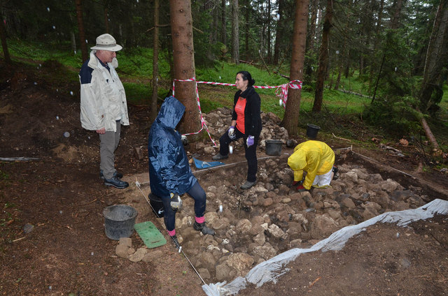 Ein rund 2600 Jahre altes Grab wird freigelegt, es liegt unter einer Steinschicht. Prof. Gerhard Tomedi (links) leitet die Grabungsarbeiten im Waldstück bei Mösern. | Foto: Dietrich