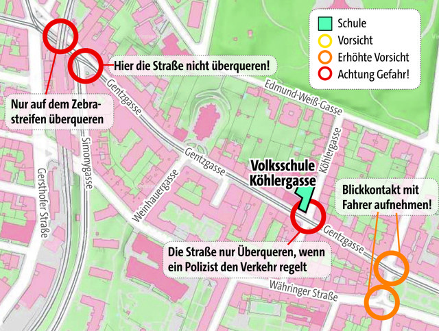 Volksschule Köhlergasse 9: Vorsicht bei der Schnellbahn-Station und in der Gentzgasse. | Foto: Grafik: Zop-vieh