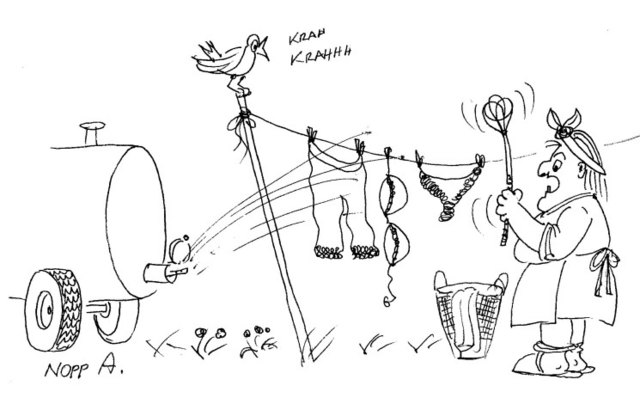 Hängst in Juli d´Wäsch in Gartn,
brauchst net lang afs Odln wartn. | Foto: Karikatur: A. Nopp
