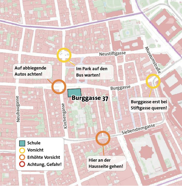 Das sind die Gefahrenstellen auf dem Weg zur Schule in der Burggasse. Alle Schulweg-Pläne auf: www.auva.at