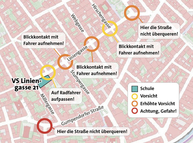 Das sind die Gefahrenstellen auf dem Weg zur Schule in der Liniengasse. Alle Schulweg-Pläne auf: www.auva.at