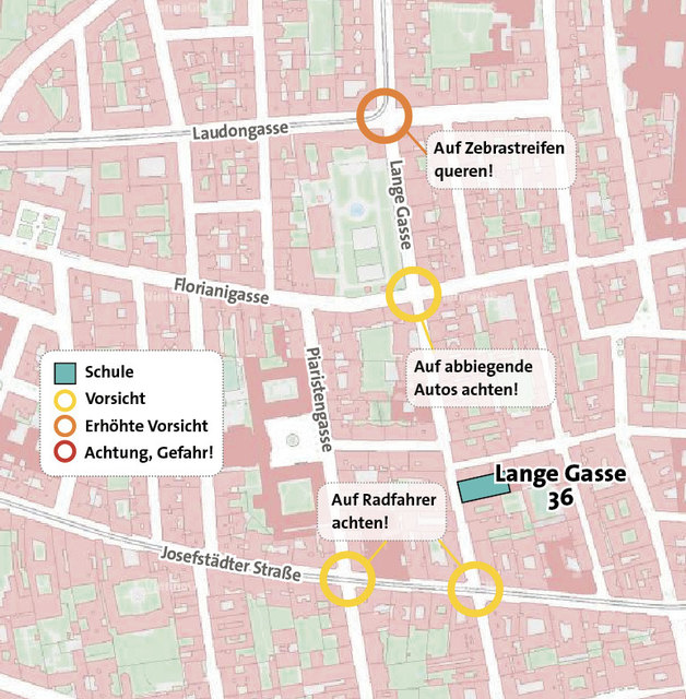Das sind die Gefahrenstellen auf dem Weg zu Schule in der Lange Gasse. Alle Schulweg-Pläe auf: www.auva.at