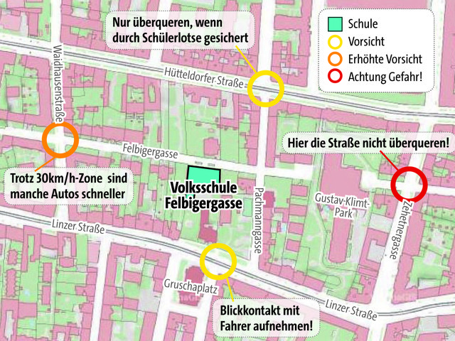 Volksschule Felbigergasse: Vorsicht bei der Kreuzung Felbigergasse Ecke Zehetnergasse! Hier lieber einen Umweg gehen. | Foto: Zop-vieh