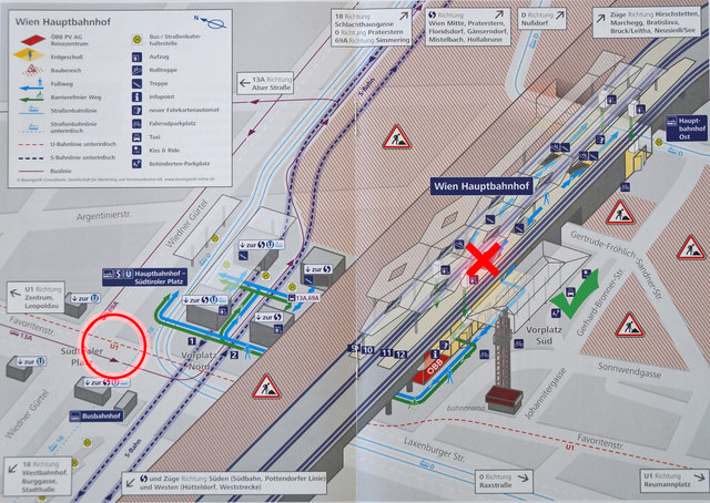 Momentan geht man etwa sechs Minuten vom Hauptbahnhof zur U1 (rote Markierungen). | Foto: Plan: ÖBB